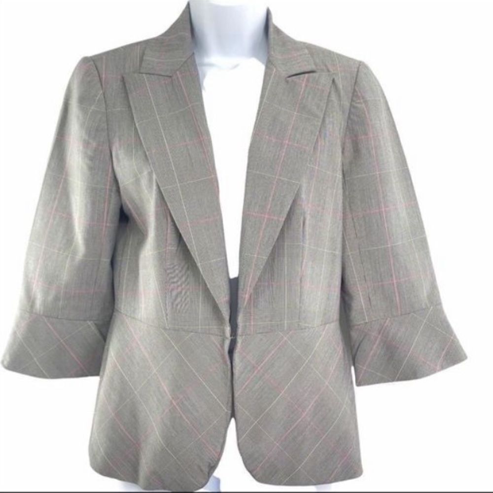 TRINA TURK Bell Sleeve Plaid Peplum Tuxedo Style Blazer